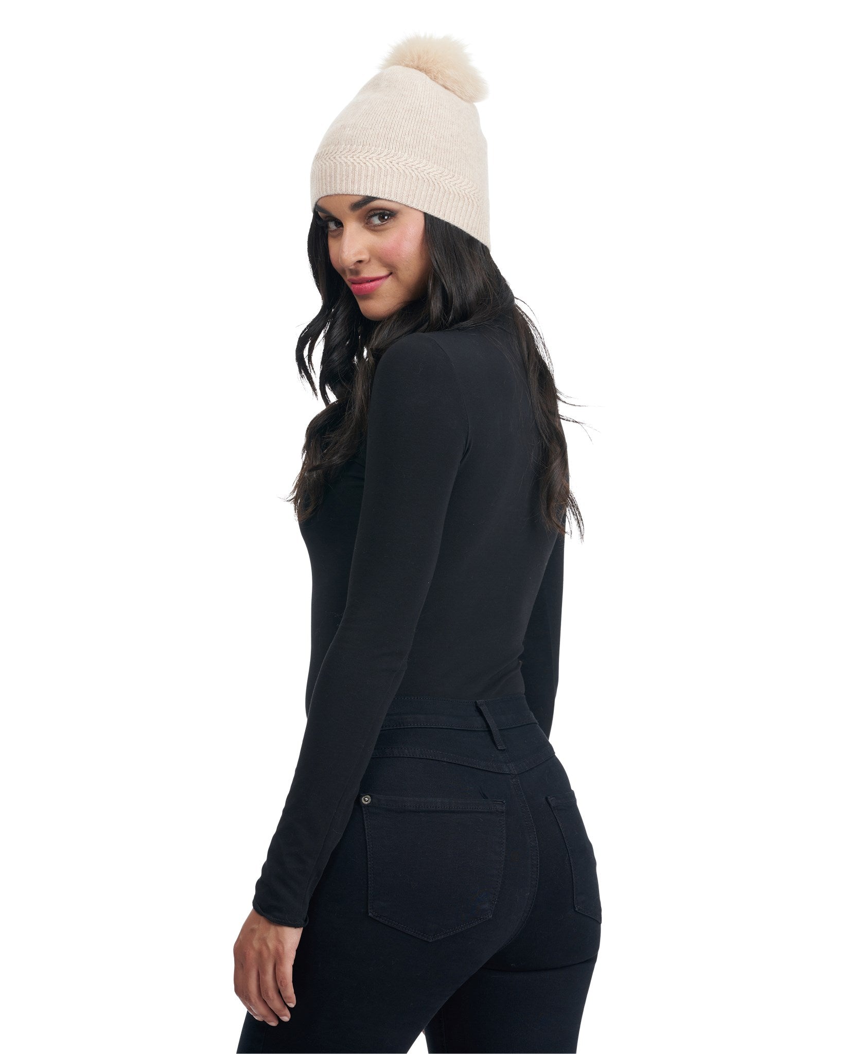 Knit Cashmere Hat with Fox Fur Pompom
