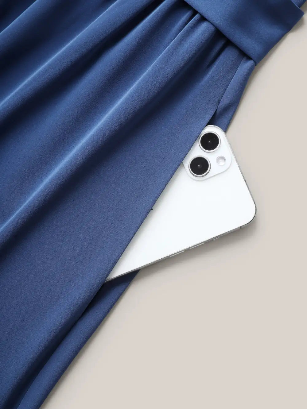 Keyhole Belted Pockets Plain Midi Dress