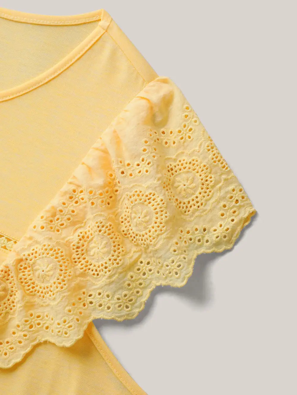 Eyelet Trim Plain Flutter Sleeve Top
