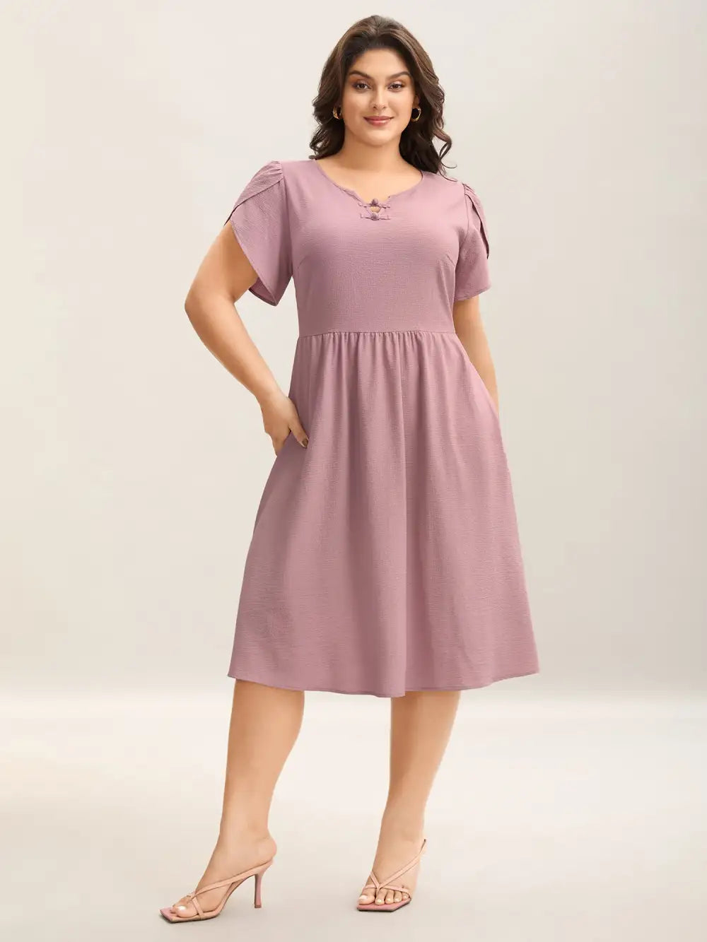 Textured Split Neck Button Plain Midi Dress