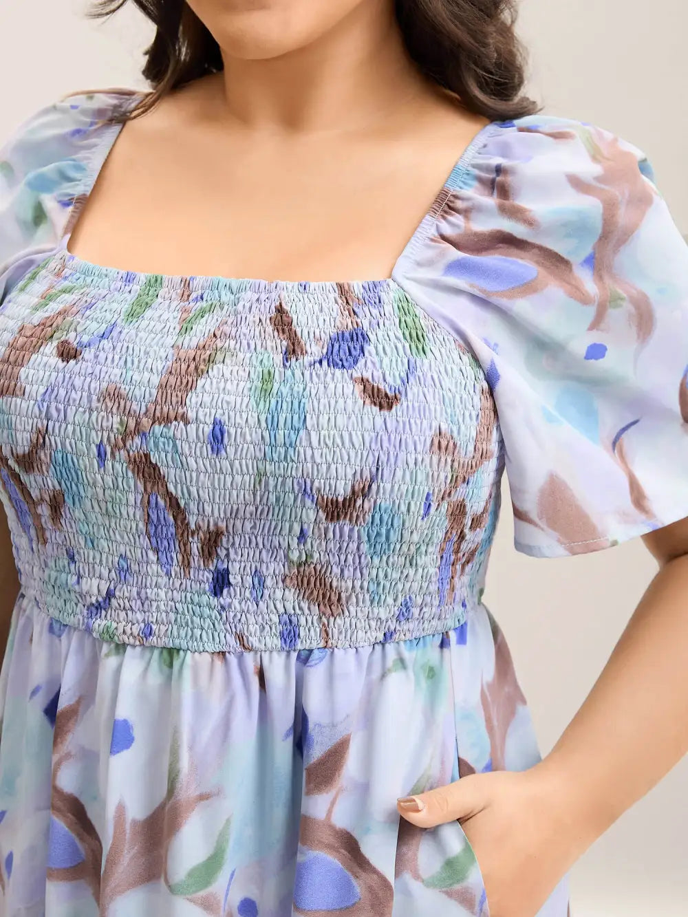 Floral Pattern Shirred Pockets Midi Dress