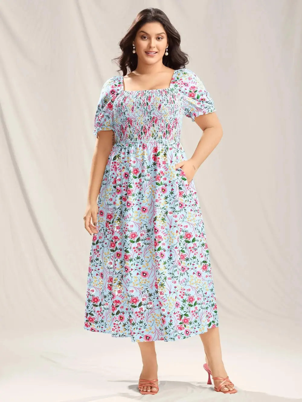 Shirred Floral Print Pockets Maxi Dress