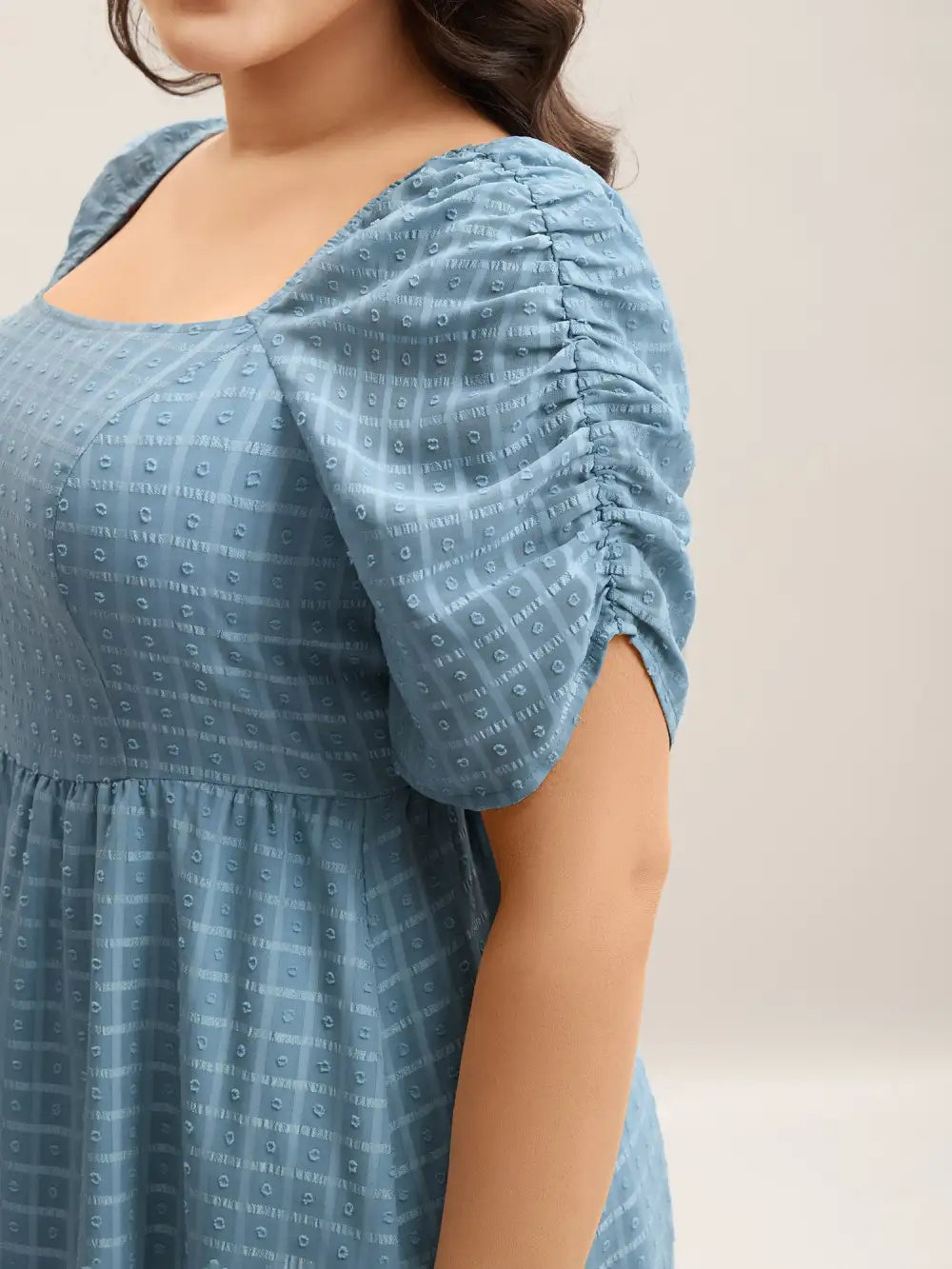 Textured Ruched Sleeve Tiered Midi Dress