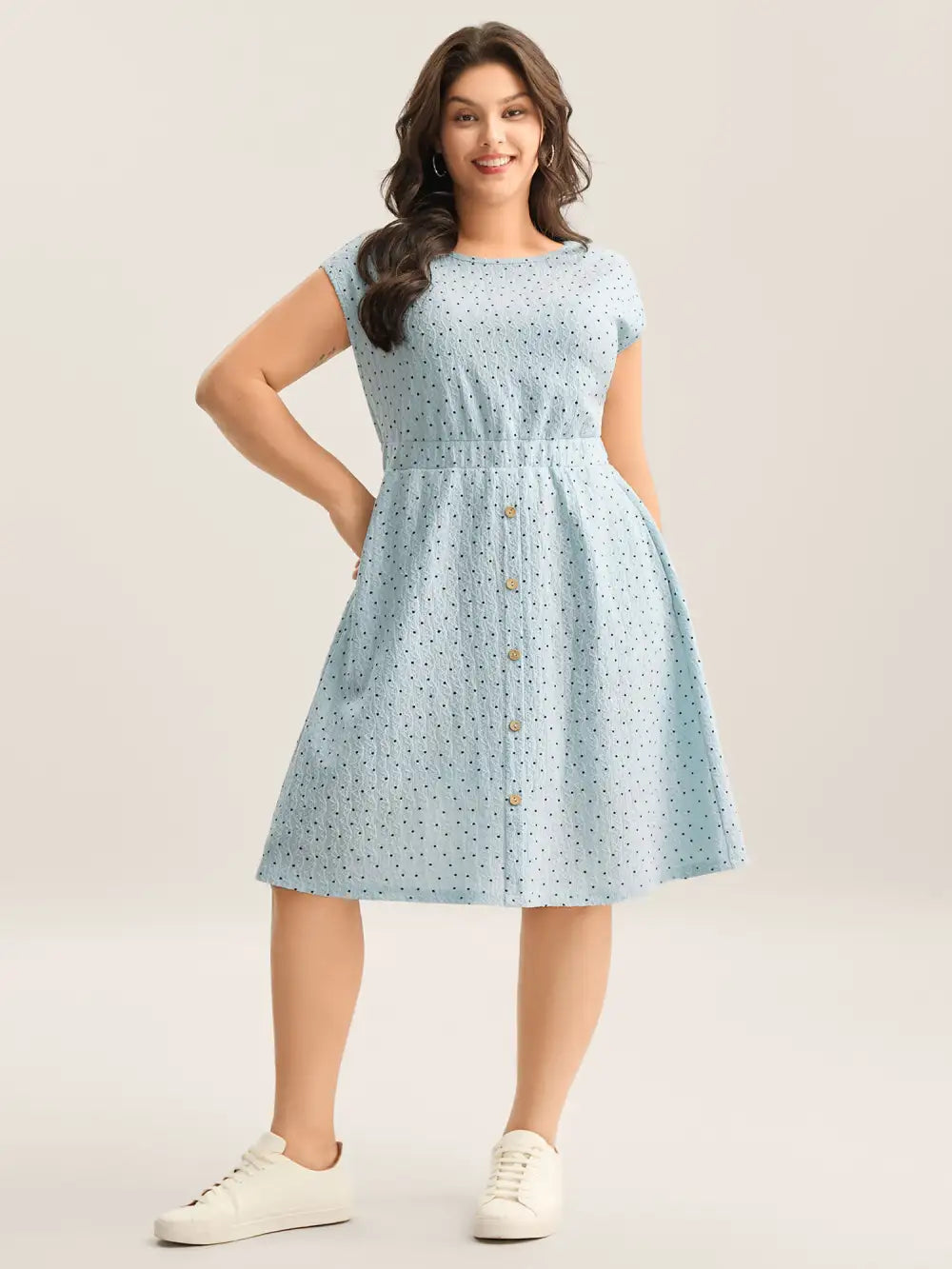 Textured Dot Print Button Detail Midi Dress