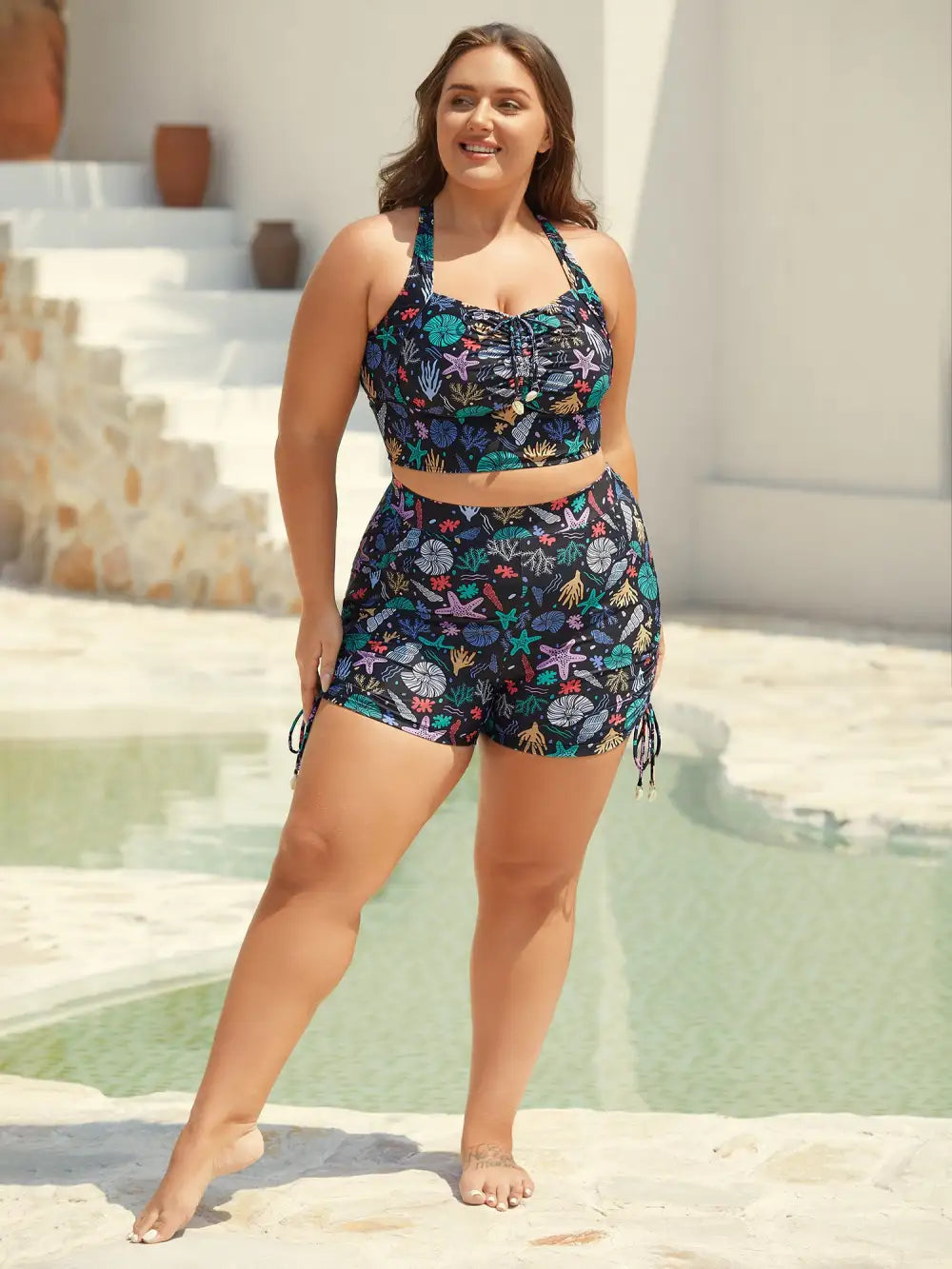 Bust-Friendly Ties Shell Print Swim Top