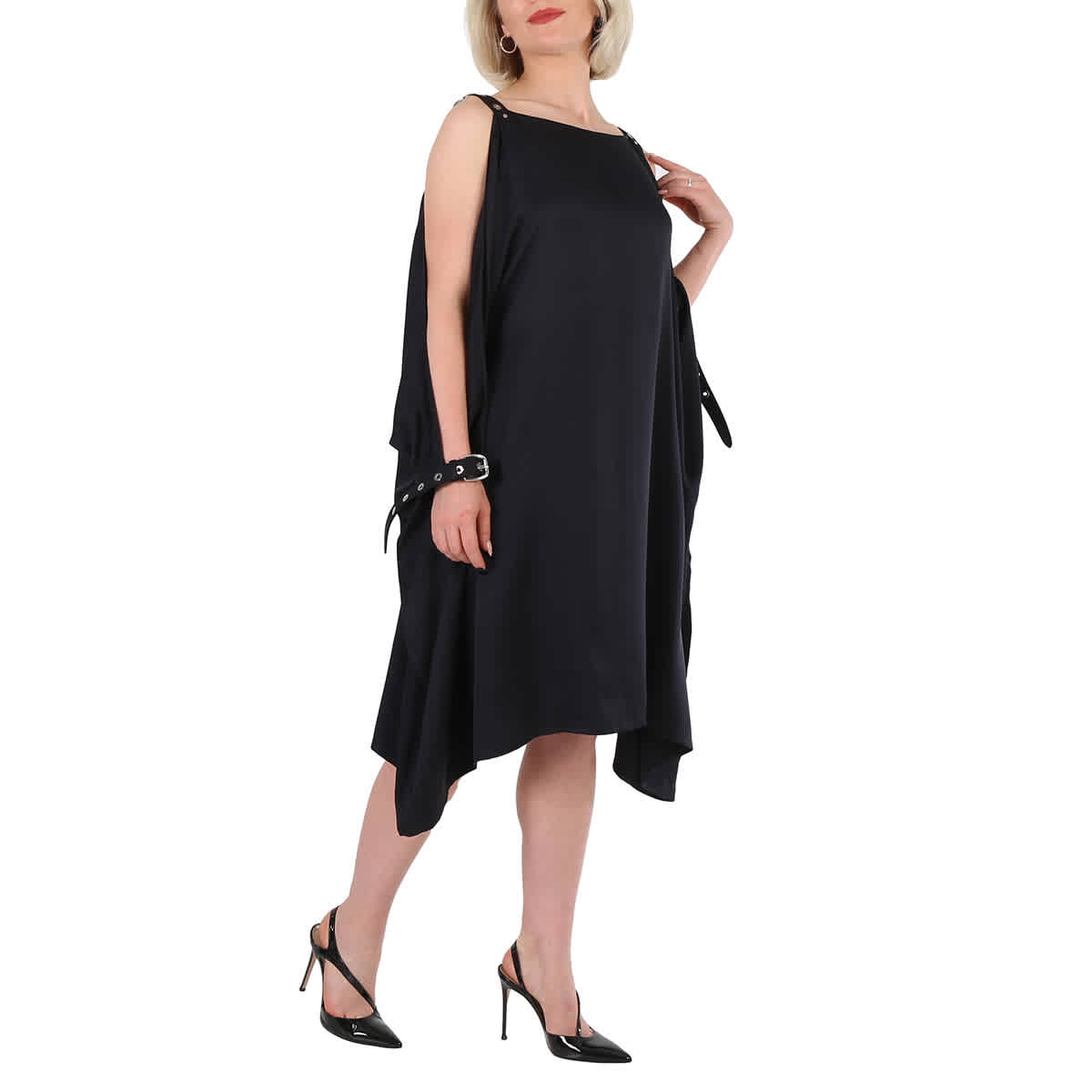 Burberry Ladies Black Miley Strap Detail Location Print Silk Dress