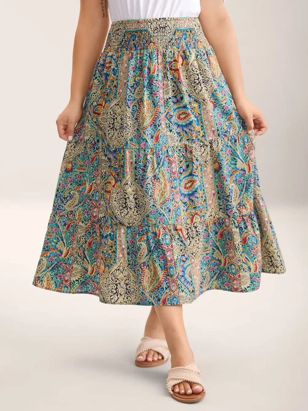 Paisley Print Shirred Waist Midi Skirt